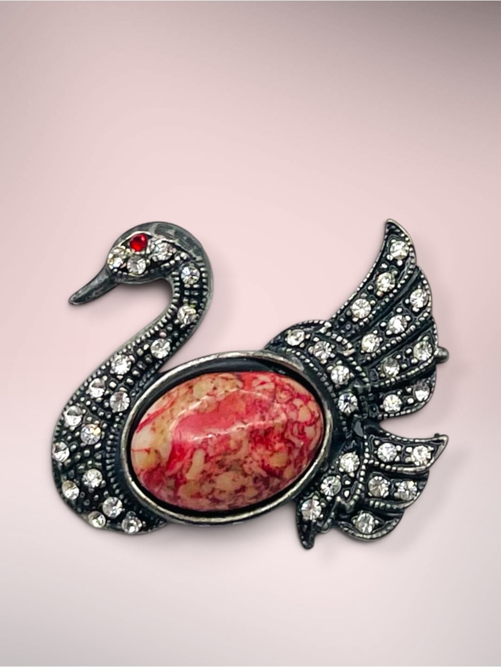 Vintage Silver Tone Rhinestone & Pink Marbled Cabochon Swan Brooch Pin